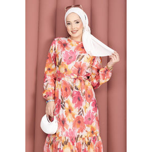 Vestido de Gasa Fucsia con Estampado Floral, Falda Fruncida y Cinturón, Silueta en A Casual, Cintura Natural - Product Image 2
