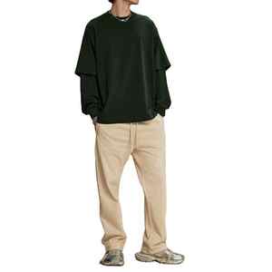 O Neck Hommes Boxy Oversized Distressed Double Layer Tee Heavyweight Jersey Thermal Sleeve Plus Size Neck Covering - Product Image 3