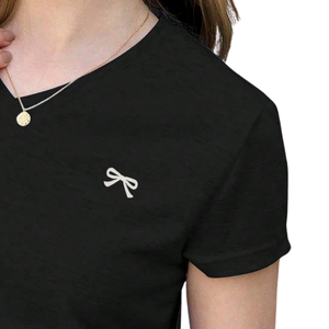 Camiseta de Jersey Transpirable con Cuello en V para Mujer, Manga Corta, Corte Regular Informal con Detalle de Lazo Pequeño, Moda de Verano - Product Image 3
