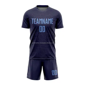 顶级透气足球俱乐部衬衫和海军蓝色短袖足球制服套装