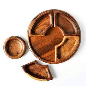 Plateau de service rond en bois d'acacia massif |   Assiette décorative en bois et plateau de table basse - Product Image 5
