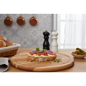 Tabla de cortar redonda de madera de haya de 35 cm con ranura para jugos, acabado con aceite vegetal, tabla para servir, venta al por mayor, logotipo personalizado - Product Image 2