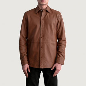 Chemise-veste en cuir marron pour homme, fermeture à boutons, manches longues, col, cuir véritable, décontractée, élégante, design de chemise-veste - Product Image 1