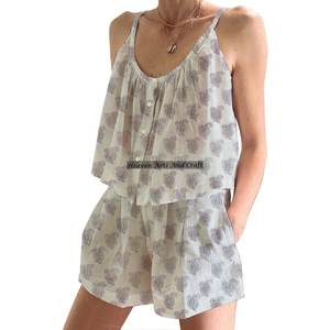 Conjunto de Pijama Corto de Algodón de Moda Urbana Bohemia para Mujer, Primavera/Verano, Floral, Ajustado, con Tirantes, Sin Mangas - Product Image 3