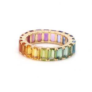 Diseño de lujo Oro sólido Arco Iris natural Multi zafiro Piedra preciosa Corte de Esmeralda clásico Anillos de eternidad vibrantes Su piedra natal a granel - Product Image 4