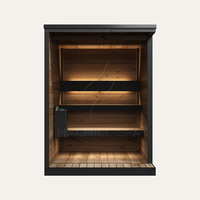 Cabane de bien-être de luxe pour 1 à 2 personnes, design architectural moderne, sauna extérieur avec véranda intégrée et éclairage LED