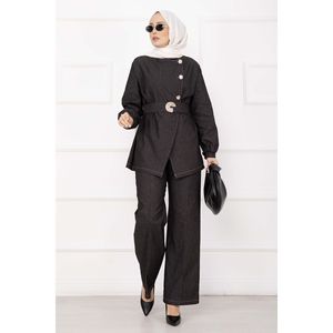 Premium Gold <b>Buttoned</b> Belted Denim Women's <b>Suit</b> Set Black Color - Product Image 3