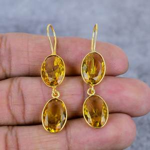 Pendientes de Plata de Ley 925 con Baño de Oro y Gema de Citrino en Corte Ovalado para Mujer, Pendientes Modernos para Damas de Honor, Regalo para Ella - Product Image 2