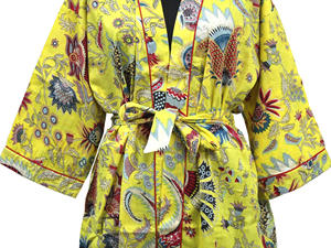 Bata de algodón de alta calidad para mujer, cárdigan largo de Playa, Kimono estampado amarillo, diseño Mukut, ropa de dormir de verano y otoño, grado de exportación - Product Image 3