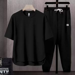 2025 Primavera Verano nueva moda suelta Casual conjunto trajes Color sólido hombres manga corta Camiseta pantalones largos pantalones conjunto de dos piezas - Product Image 5