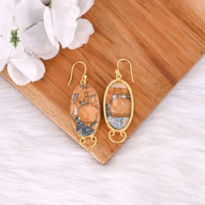 Handmade Classic Style Gold Plated Brass <b>Earring</b> Malinga Jasper Gemstone Dangle <b>Earring</b> <b>Long</b> Oval <b>Earring</b> Wholesale Manufacturer - Product Image 4