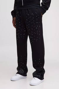 High Demanding <b>Tall</b> Shrunken Rhinestone Black <b>Men</b> Zip Hoodie & <b>Jogger</b> Set Breathable Cotton Blended Rhinestone <b>Men</b> Tracksuit - Product Image 2