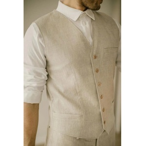 Gilet en lin formel pour hommes costumes décontracté gilet de mariage modeste coupe ajustée bouton décoration motif à carreaux respirant pour l'été - Product Image 2