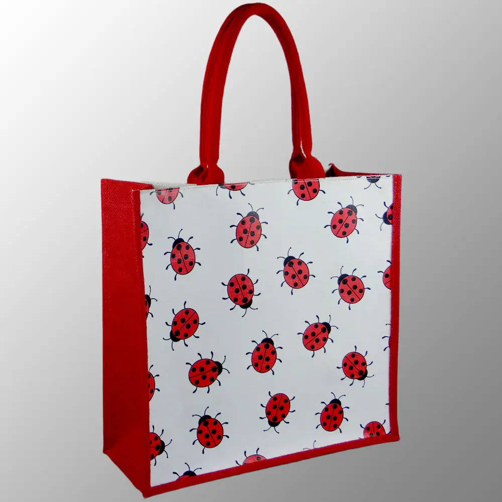 custom printed jute and juco tote shopping promotion bag with cotton web handles padded with rope inside with logo or artwork pr