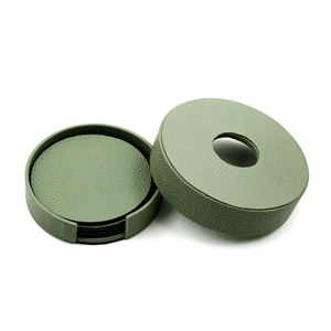 Dessous de verre en cuir vert avec couvercle de support Ensemble de 5 accessoires de décoration de table de forme ronde Dessous de verre en cuir à vendre - Product Image 3