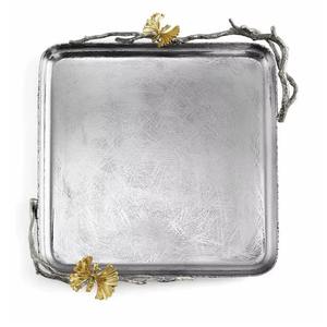 Elegante bandeja ovalada larga de latón y acero inoxidable con asas de hojas doradas, ideal para decoración de centro de mesa de fiesta de aniversario de boda - Product Image 4