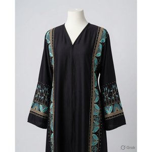 Abaya Modeste de Luxe Noire Turquoise Brodée Motifs Botaniques avec Taille Naturelle - Product Image 1