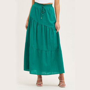 Custom Women's Asymmetric Tier Maxi Skirt Proshah Drawstring Waist Tiered Design Lined 100% cotton Loose Fit lady skirts jade - Product Image 3