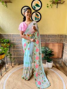 Georgette-ropa de fiesta de boda de diseño de calidad superior, una sola hora, lista para usar, blusa Saree con cinturón, fabricante - Product Image 5