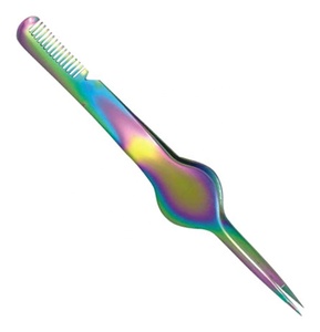 แหนบต่อขนตาเคลือบไทเทเนียมสีรุ้งแบบตรง ปลายตรง พร้อมหวีขนาดเล็กในตัว รับผลิตตามสั่งพร้อมโลโก้ - Product Image 1