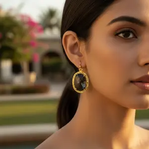 Boucles d'oreilles ovales en saphir plaqué or avec diamants pour femmes - Product Image 2