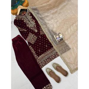D FASHION GURU Salwar Kameez de luxe en velours pour femme, longue kurta brodée, dupatta Jimmi Chuu, tenue de mariage et de fête - Product Image 5