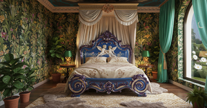 <span class=keywords><strong>Cama</strong></span> con Dosel Estilo Castillo Gótico con Tallado Plateado y Escultura de Ángel, Estructura de <span class=keywords><strong>Cama</strong></span> Azul Real para Hotel Temático o Villa Medieval - Product Image 3