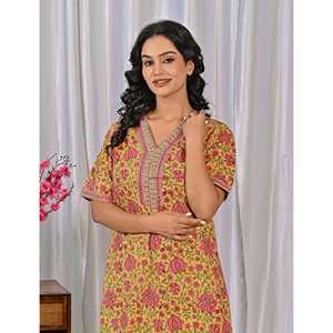 Vestido de Dormir 100% Algodón con Estampado Jaal Hecho a Mano, Camisón Suave Tejido con Diseño Floral y Botones, ODM 3XL para Damas de Honor - Product Image 1