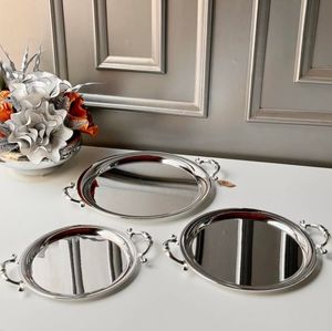 Nouvellement conception En Acier Inoxydable Métal Miroir Poli Plateau Artisanat Designer Poignée Maison Cuisine Alimentaire Plateau De Service - Product Image 6