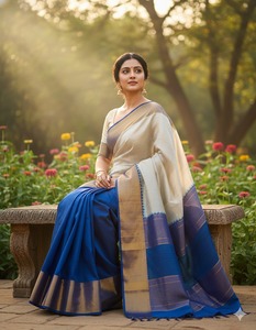 Sari de Seda Ghicha Azul y Crema Premium, Diseño Elegante y Atemporal para Ropa Tradicional Femenina de la India - Product Image 3