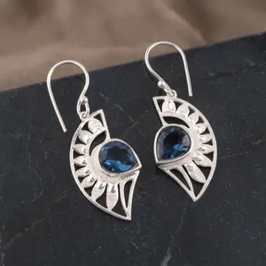 Women's 925 Sterling Silver Bohemia Drop <b>Earrings</b> With London <b>Blue</b> <b>Topaz</b> Bezel Setting Flower Pattern Everyday Wear - Product Image 3
