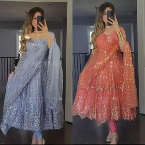 En çok satan geleneksel hint tarzı ağır kelebek Net Anarkali uzun elbisesi tasarımcı Dupatta ile kadınlar için parti elbise giymek