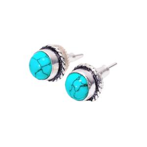 Boucles d'oreilles turquoise tibétaine naturelle de forme ronde en argent sterling 925 superposition de bijoux cadeaux faits à la main pour elle - Product Image 1