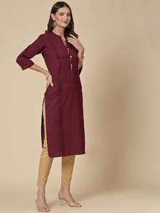<b>Top</b> Selling V-neck Long Sleeve Pure Cotton Elegant <b>Classy</b> Maroon Colour Straight Shape Regular Fit Summer Kurta - Product Image 3