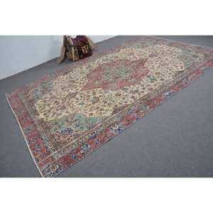 Vintage Turkish <b>Wool</b> Large Area Rug <b>Red</b> & Beige 6' X 11.5' Classic Style with Patchwork Pattern & 10mm Thickness Latex Backed - Product Image 2