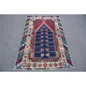 Kilim, alfombra de área grande azul roja, 3,8x5,9 pies, tejido plano, respaldo de látex de lana turca para pasillo, alfombra rectangular de felpa para habitación de retazos - Product Image 1