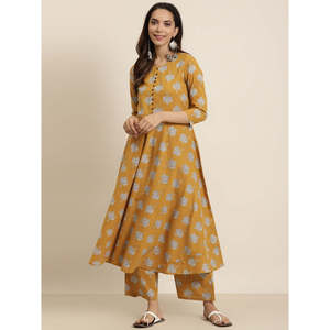 Ensemble Kurta Droit en Coton Imprimé Floral Moutarde pour Femmes avec Palazzo 48 Pouces Vêtements Printemps/Été - Product Image 1