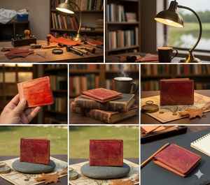 Vente en gros de portefeuilles en cuir véritable à motif paysage court pour hommes, taille personnalisable pour un usage quotidien avec blocage RFID de style vintage - Product Image 1