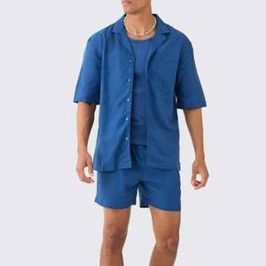 ชุดเสื้อเชิ๊ตผู้ชายสำหรับฤดูร้อนชุดกางเกงขาสั้นลำลองของผู้ชายชุดเสื้อเชิ้ตผ้าฝ้ายระบายอากาศ - Product Image 1