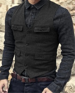 Chaleco de Traje Marrón Borgoña de Lona y Cuero, Impermeable, Transpirable, Estilo Vintage, para Invierno, Formal, de Negocios, para Hombres, para Bodas - Product Image 4