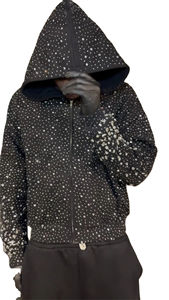 Sweat à capuche zippé streetwear personnalisé en gros, 100 % coton, molleton bouclette, délavé à l'acide, avec personnalisation intégrale en strass - Product Image 4