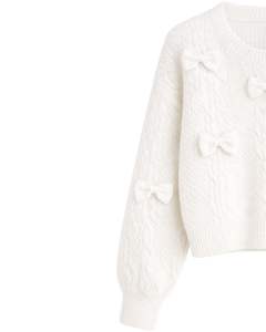Manufacture Customized Women <b>White</b> Cable Knit Cropped Sweater With Bow Applique <b>Long</b> Sleeve Round Neck Cute Winter Fashion Top - Product Image 3