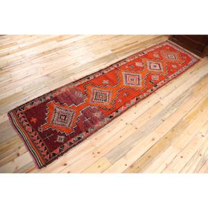 Turkish Herki <b>Runner</b> Rug 3.2x12.5 ft (99x380 cm), Vintage <b>Red</b> Oriental Wool Rug - Product Image 2
