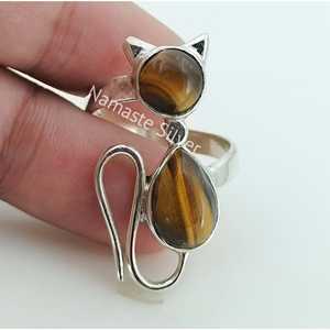 Handmade Tigers Eye Sterling Silver Cat <b>Ring</b> Boho <b>Statement</b> Jewelry Inlay for Birthday Anniversary Valentine's Day Gift - Product Image 5