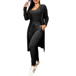 Conjunto de ropa de 3 uds para mujer, cárdigan abierto holgado de manga larga de Color sólido para otoño e invierno, mono ajustado sin mangas - Product Image 1