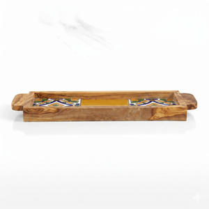 Plateau de service carré personnalisé unique - Plateau ottoman en bois d'olivier et céramique pour un style de table basse tendance - Product Image 3