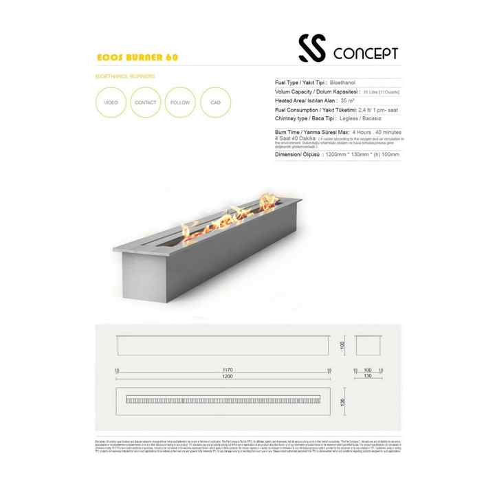 Chimneyless Fireplace, Burner 120 cm