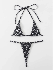 Women's <b>White</b> Black Polka Dot Print Underwire <b>Bikini</b> <b>Set</b> Halter Neckline Triangle Top Hipster Bottoms 2 Piece Swimwear 100% - Product Image 3