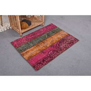 Alfombra turca de área grande Vintage, 2,1x2,8 pies, rosa, naranja, lana a rayas, Material de algas marinas con respaldo de látex para decoración de habitación de pasillo - Product Image 2