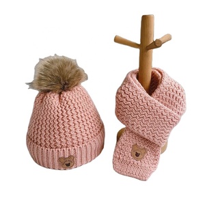 Conjunto de bufanda y gorro de invierno para niños, gorro de punto con pompón, gorro de lana grueso con lazo bonito de otoño, bufanda clásica para niños y niñas - Product Image 5